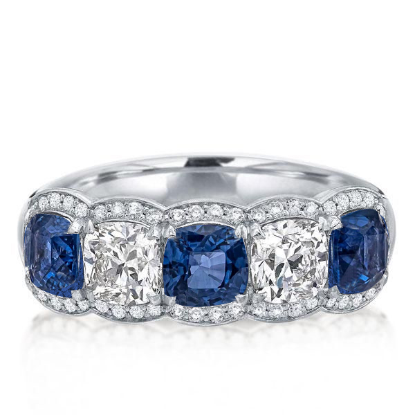 Anniversary band - Halo Alternating White & Blue Sapphire Wedding Band, Wedding Bands - Apparel & Accessories, Italo jewelry - Online Catalog