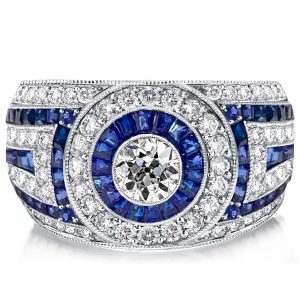 Unique rings - Antique Blue Sapphire Milgrain Vintage Engagement Ring Halo Engagement Ring, Italo jewelry - Online Catalog