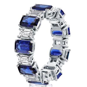 eternity band - Alternating White & Blue Sapphire Emerald Cut Eternity Wedding Band, Italo jewelry - Online Catalog