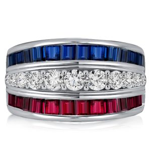 anniversary band - Italo Triple Row Blue Sapphire Wedding Band Ruby Ring, Italo jewelry - Online Catalog