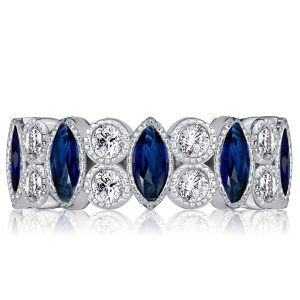 Anniversary band - Milgrain Bezel Marquise Blue Sapphire Wedding Band, Italo jewelry - Online Catalog