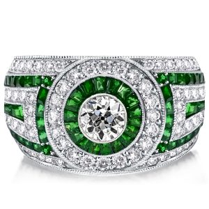 anniversary band - Emerald Sapphire Milgrain Vintage Ring Halo Engagement Ring, Italo jewelry - Online Catalog