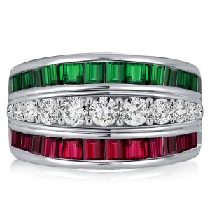 anniversary band - Italo Triple Row Emerald Green Wedding Band Ruby Ring, Italo jewelry - Online Catalog