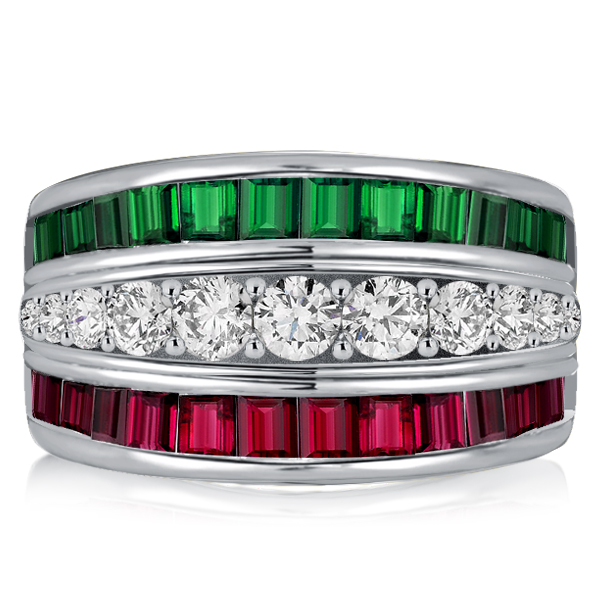 Anniversary band - Italo Triple Row Emerald Green Wedding Band Ruby Ring, Wedding Bands - Apparel & Accessories, Italo jewelry - Online Catalog
