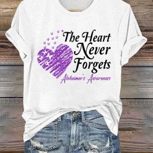 Alzheimer's Awareness The Heart Never Forgets Loose Crew Neck Text Letters Casual T-Shirt, T-shirts, Lilicloth.com