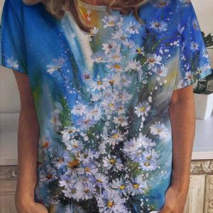 Casual Gradient Daisy Print Crew Neck T-Shirt, T-shirts, Lilicloth.com