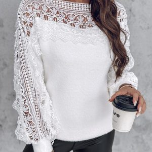Guipure Lace Lantern Sleeve Knit Sweater, Sweaters & Cardigans, ChicMe catalog