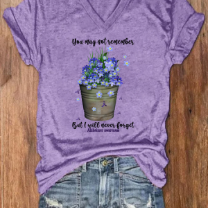 Alzheimer's Awareness I Will Never Forget Purple Flower Crew Neck Simple T-Shirt, T-shirts, Lilicloth.com