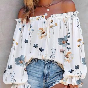 Floral Print Off Shoulder Lantern Sleeve Top, Blouses & Shirts, ChicMe catalog