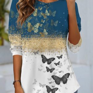 Women's Long Sleeve Tee T-shirt Spring/Fall Butterfly Jersey Crew Neck Daily Going Out Casual Top Blue, JustFashionNow T-Shirts, color:Blue|size:XXL,