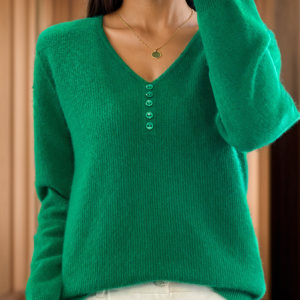 Women's Buckle Spring/Fall Plain Casual Long Sleeve V Neck Wool/Knitting Sweater, JustFashionNow Sweaters, color:Green|size:XXL,