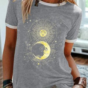 Womens Moon And Sun Print  Casual T-Shirt, T-shirts, Lilicloth.com