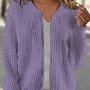 Women's Spring/Fall Outerwear Casual Zipper Plain Long Sleeve Crew Neck Jacket, JustFashionNow Jackets, color:Purple|size:XXL,