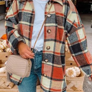 Women's Plaid Shirt Jacket Regular Loose Jacket, Jackets, color:Orange|size:3XL, catalog Noracora shop