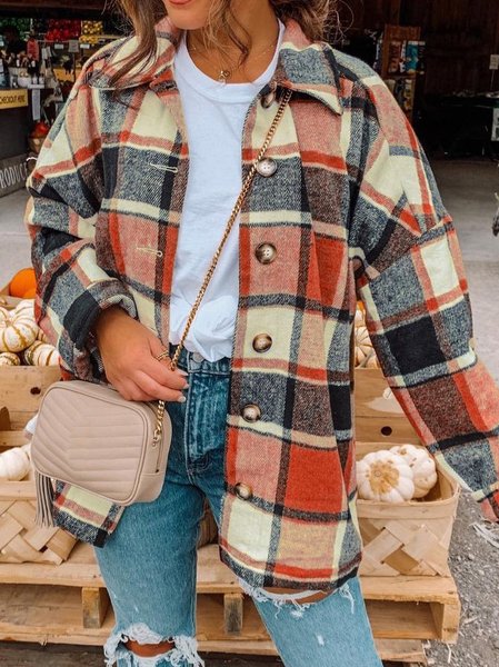 Women's Spring/Fall Outerwear Casual Cotton-Blend Plaid Long Sleeve Shirt Collar Jacket, JustFashionNow Jackets, color:Orange|size:3XL,