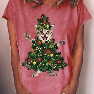 Womens Christmas Tree Cat Crew Neck T-Shirt, T-shirts, Lilicloth.com