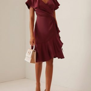 Women's Short Sleeve Summer Plain Ruched Dress Cross Neck Party Going Out Urban Midi H-Line, JustFashionNow Dresses, color:Wine Red|size:XXL,