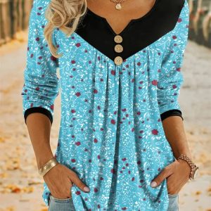 Notched Long Sleeve Floral Lace Regular Micro-Elasticity Loose Blouse For Women, Blouses, color:Sky Blue|size:5XL, catalog Noracora shop