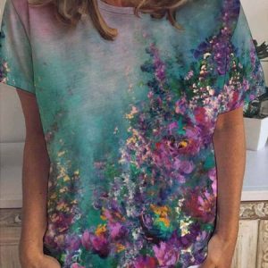 Casual Abstract Gradient Floral Print Crew Neck T-shirt, T-shirts, Lilicloth.com