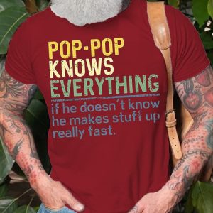 Mens Grandpa Pop Pop Knows Everything Cotton Crew Neck Casual T-Shirt, T-shirts, Lilicloth.com