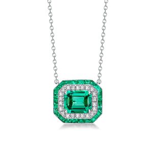 necklaces - Halo Emerald Cut Created Emerald Sapphire Pendant Necklace, Italo jewelry - Online Catalog