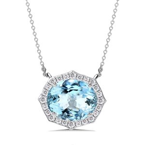 Necklaces - Halo East-West Oval Cut Aquamarine Pendant Necklace For Women, Apparel & Accessories, Italo jewelry - Online Catalog