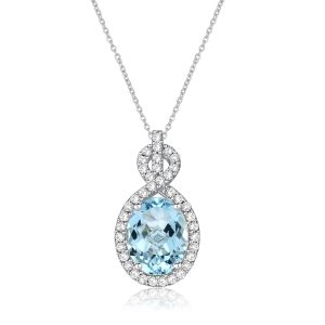 Necklaces - Halo Oval Cut Aquamarine Pendant Necklace For Women, Apparel & Accessories, Italo jewelry - Online Catalog