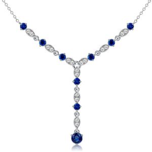 necklaces - Italo Milgrain Blue Sapphire Y Necklace In Sterling Silver, Italo jewelry - Online Catalog