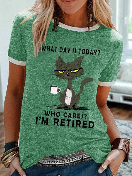 Women Funny What Day Is Today Who Cares I'm Retired Black Cat Simple T-Shirt, T-shirts, Lilicloth.com