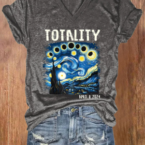 V-neck Retro Starry Night & Totality Solar Eclipse Of April 8, 2024 Print T-Shirt, T-shirts, Lilicloth.com