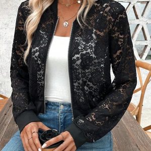 Women's Autumn Outerwear Casual Lace Plain Long Sleeve Jacket, JustFashionNow Jackets, color:Black|size:XL,