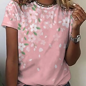 Casual Simple Sakura Gradient Print Crew Neck T-Shirt, T-shirts, Lilicloth.com