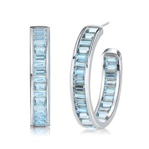 Earrings - Channel Baguette Cut Aquamarine Hoop Earrings For Women, Apparel & Accessories, Italo jewelry - Online Catalog