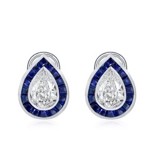 earrings - Bezel-Set Omega Clip Halo Pear Stud Earrings, Italo jewelry - Online Catalog