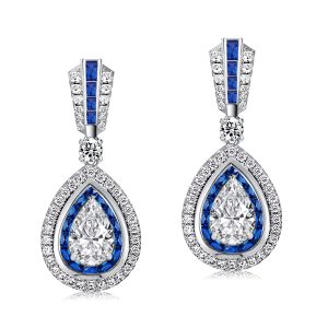 earrings - Double Halo Pear Cut White & Blue Sapphire Drop Earrings, Italo jewelry - Online Catalog