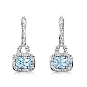 Earrings - Italo Halo Cushion Cut Aquamarine Drop Earrings For Women, Apparel & Accessories, Italo jewelry - Online Catalog