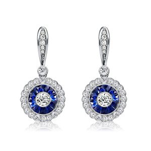 Earrings - Italo Halo Round Cut White & Blue Sapphire Drop Earrings, Apparel & Accessories, Italo jewelry - Online Catalog