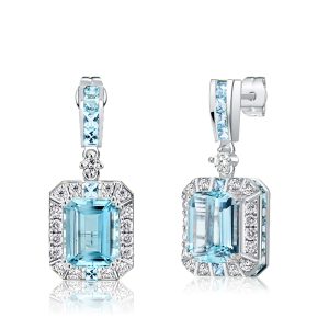 earrings - Italo Halo Emerald Cut Aquamarine Drop Earrings For Women, Italo jewelry - Online Catalog