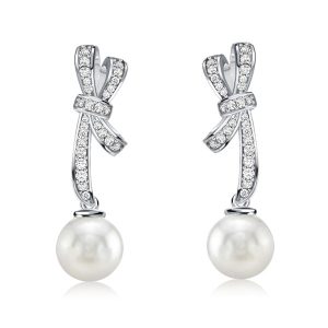 Earrings - Bow Sterling Silver Pearl Drop Earrings For Women, Apparel & Accessories, Italo jewelry - Online Catalog