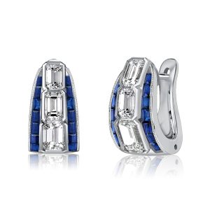 Earrings - Emerald Cut White & Blue Sapphire Hoop Earrings Vintage, Apparel & Accessories, Italo jewelry - Online Catalog