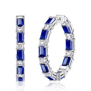 earrings - Italo Emerald Cut Blue Sapphire Hoop Earrings For Women Sliver, Italo jewelry - Online Catalog