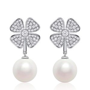Earrings - Italo Pearl 4 Leaf Clover Drop Earrings For Women, Apparel & Accessories, Italo jewelry - Online Catalog