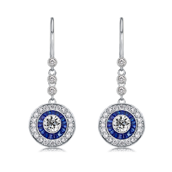 Earrings - Italo Blue Sapphire Drop Earrings Vintage Halo Drop Earrings, Apparel & Accessories, Italo jewelry - Online Catalog