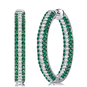 Earrings - Italo Pave Emerald Green Oval-Shaped Silver Hoop Earrings, Apparel & Accessories, Italo jewelry - Online Catalog