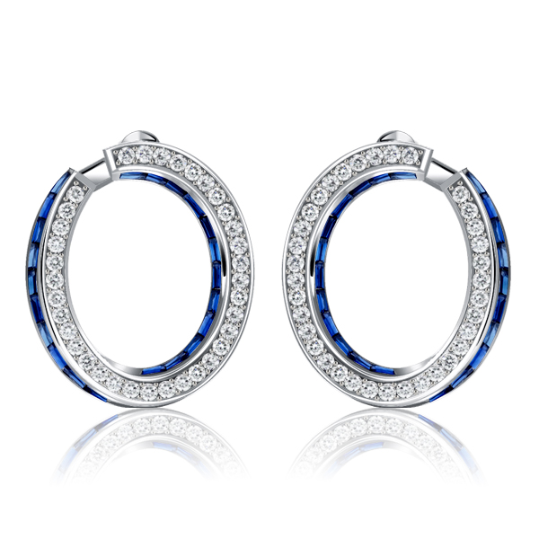 Earrings - Italo Vintage Emerald Cut Blue & White Sapphire Hoop Earrings, Apparel & Accessories, Italo jewelry - Online Catalog