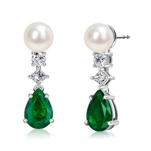 Earrings - Italo Pear Cut Emerald Pearl Drop Earrings In Sterling Silver, Apparel & Accessories, Italo jewelry - Online Catalog