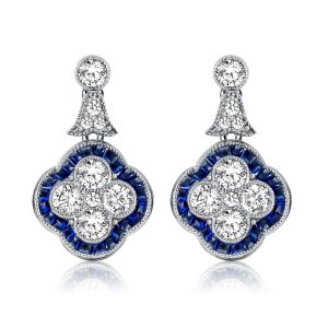 Earrings - Italo White & Blue Sapphire 4 Leaf Clover Drop Earrings, Apparel & Accessories, Italo jewelry - Online Catalog