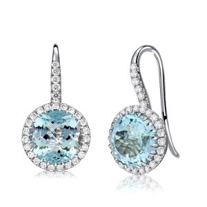 Earrings - Italo Aquamarine Earrings Round Cut Halo Drop Earrings, Apparel & Accessories, Italo jewelry - Online Catalog