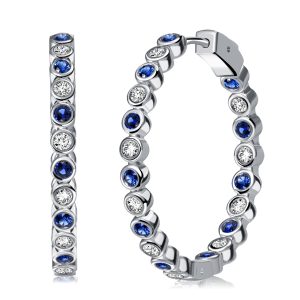 Earrings - Italo Bezel Set White & Blue Sapphire Silver Hoop Earrings, Apparel & Accessories, Italo jewelry - Online Catalog