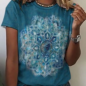 Casual Vintage Mandala Print Crew Neck T-Shirt, T-shirts, Lilicloth.com